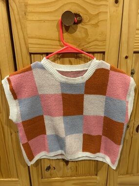 Chunky Checkerboard Knit Sleeveless Sweater Vest - Pink Blue Brown
